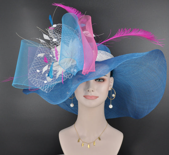 Blue Sinamay Kentucky Derby Hat: Pink Feather Flower Tea Party Hat