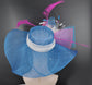 Blue Sinamay Derby Hat: Pink Feather Flower Tea Party Hat