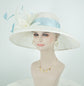 Ivory Derby Hat: Feather Flowers, Powder Blue Trim, Royal Ascot