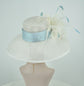 Ivory Derby Hat: Feather Flowers, Powder Blue Trim, Royal Ascot