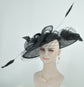 Sinamay Disc Fascinator Hat with  Jumbo Feathers and netting Black