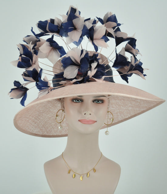 Dusty Pink Sinamay Derby Hat: Navy Blue Feather Flowers