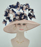 Dusty Pink Sinamay Derby Hat: Navy Blue Feather Flowers