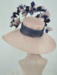 Dusty Pink Sinamay Derby Hat: Navy Blue Feather Flowers