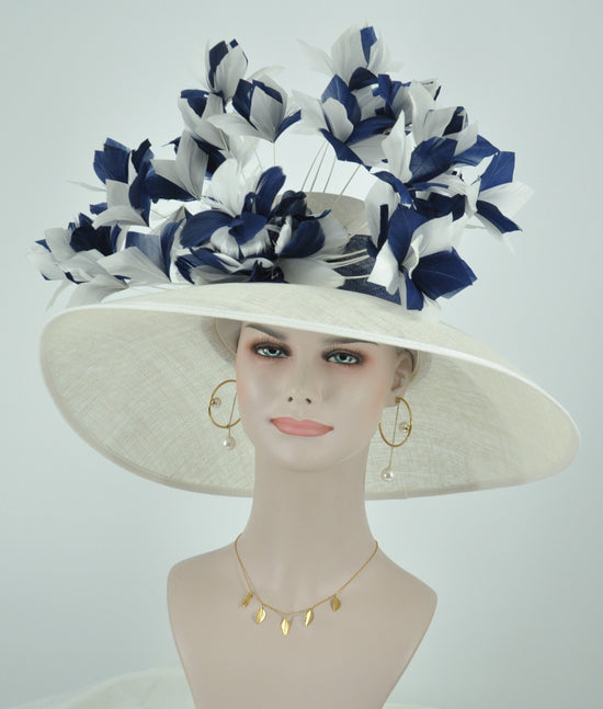 Sinamay Derby Hat: White Wide Brim with Navy Feather Flowers