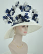 Sinamay Kentucky Derby Hat: White Wide Brim with Navy Feather Flowers