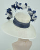Sinamay Kentucky Derby Hat: White Wide Brim with Navy Feather Flowers