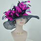 Navy Sinamay Derby Hat: Hot Pink Feather Flower, Jumbo Bows