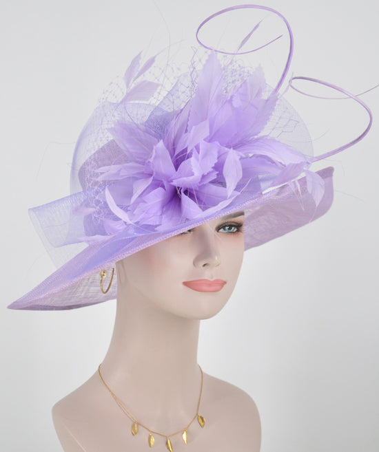 Lavender Derby Hat: Sinamay Feather Flower Ascot Hat