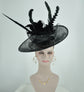 Black  Sinamay Disc Fascinator Hat with  Jumbo   Feather Flowers