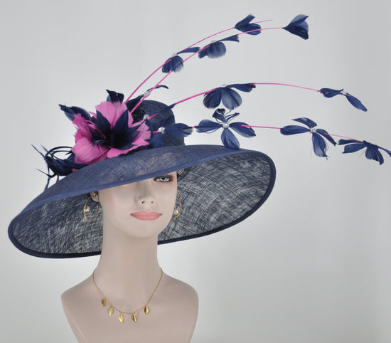 Navy Blue Sinamay Derby Hat: Hot Pink Feather Flowers
