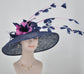 Navy Blue Sinamay Kentucky Derby Hat: Hot Pink Feather Flowers