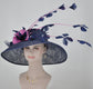 Navy Blue Sinamay Kentucky Derby Hat: Hot Pink Feather Flowers
