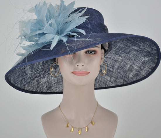 Navy Sinamay Kentucky Derby Hat, Powder Blue Feather Flowers