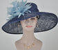 Navy w Powder Blue Feather Flowers Kentucky Derby Hat,Tea Party Carriage Party  Royal AscotWide Brim  Sinamay Hat