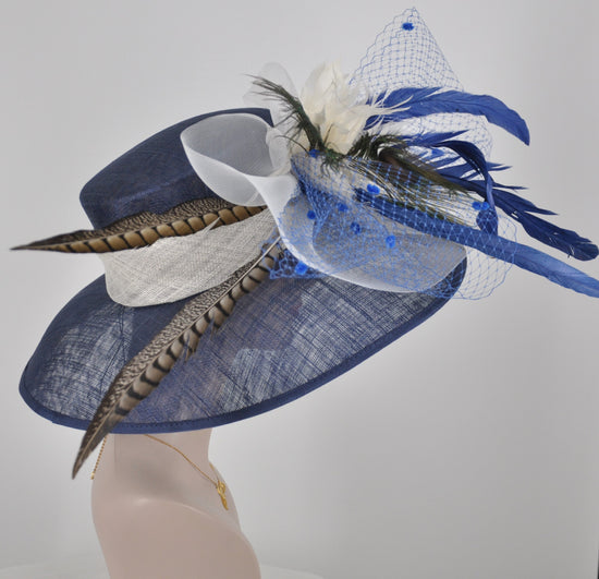Church Derby Hat  Carriage Tea Party Wedding  Navy Blue w White Flower Peacock Feathers