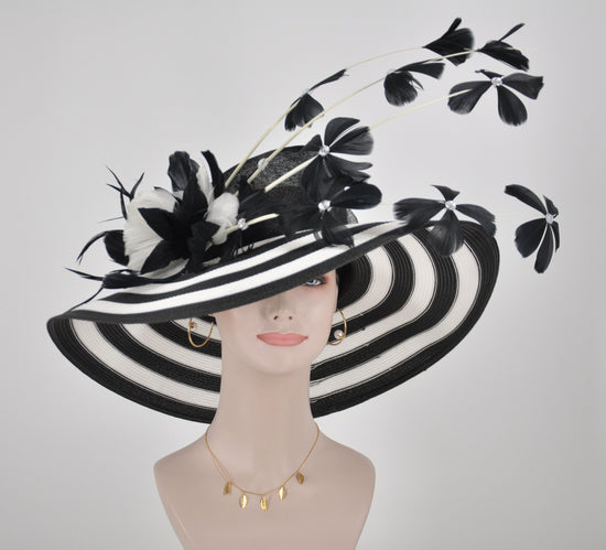 Black & White Feather Flower Derby Hat: Wide Brim Sinamay