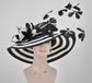 Black & White Feather Flower Derby Hat: Wide Brim Sinamay