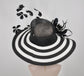 Black & White Feather Flower Derby Hat: Wide Brim Sinamay