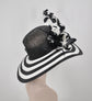 Black & White Feather Flower Derby Hat: Wide Brim Sinamay