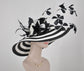 Black & White Feather Flower Derby Hat: Wide Brim Sinamay
