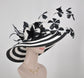 Black & White Feather Flower Derby Hat: Wide Brim Sinamay