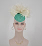 Turquoise Sinamay DerbyFascinator: Ivory Flowers, Silk Bow