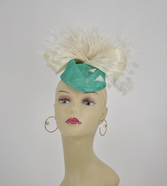 Turquoise Sinamay DerbyFascinator: Ivory Flowers, Silk Bow