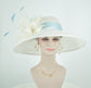 Ivory Derby Hat: Feather Flowers, Powder Blue Trim, Royal Ascot