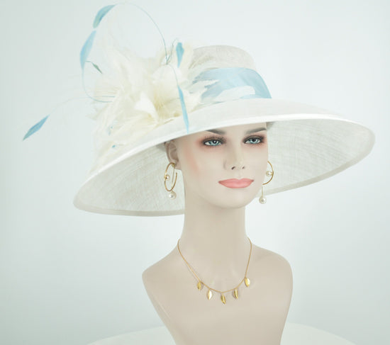 Ivory Derby Hat: Feather Flowers, Powder Blue Trim, Royal Ascot