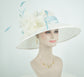 Ivory Derby Hat: Feather Flowers, Powder Blue Trim, Royal Ascot