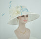 Ivory Derby Hat: Feather Flowers, Powder Blue Trim, Royal Ascot