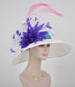 White Kentucky Derby Hat: Purple Feather Flower Tea Party Hat