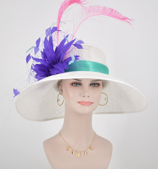 White Derby Hat: Purple Feather Flower Tea Party Hat