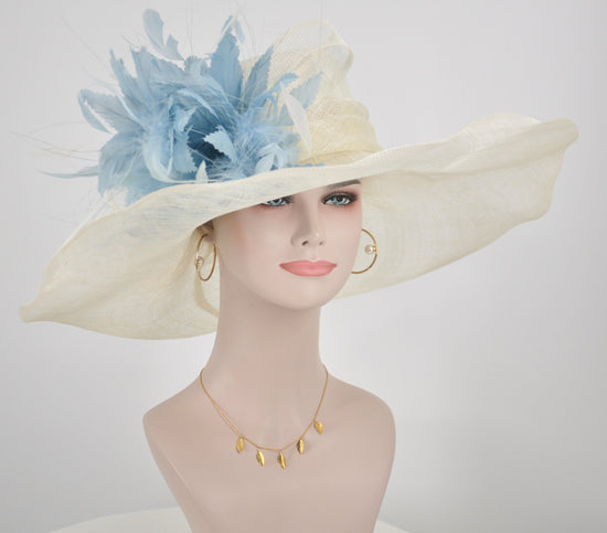 Ivory Sinamay Kentucky Derby Hat: Powder Blue Feather Flower