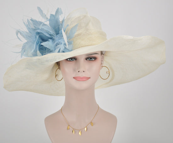 Ivory Sinamay Derby Hat: Powder Blue Feather Flower