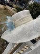Ivory Sinamay Derby Hat: Powder Blue Feather Flower
