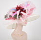 Wide Brim Sinamay Derby Hat: White Feather Flower, Peacock Accents