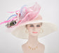 Wide Brim Sinamay Derby Hat: White Feather Flower, Peacock Accents