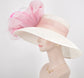 Wide Brim Sinamay Derby Hat: White Feather Flower, Peacock Accents