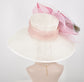 Wide Brim Sinamay Derby Hat: White Feather Flower, Peacock Accents
