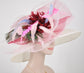 Wide Brim Sinamay Derby Hat: White Feather Flower, Peacock Accents