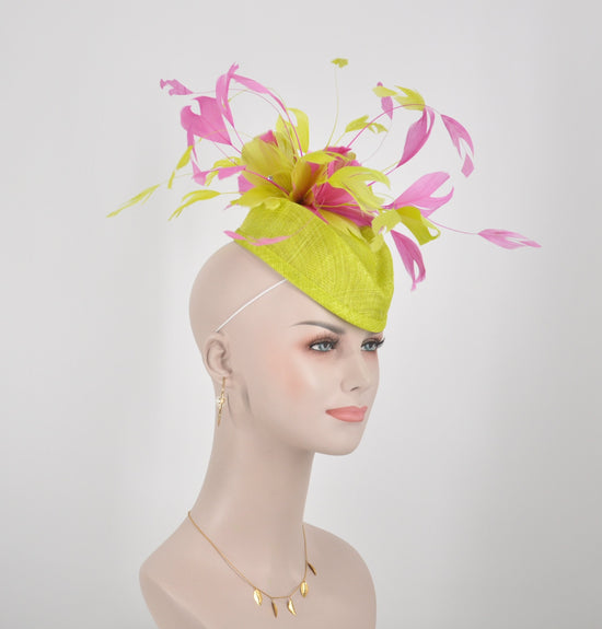 Lime Green Sinamay Kentucky Derby Fascinator Hat with Hot Pink Flowers