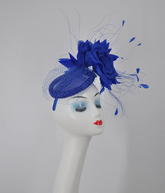 Royal Blue Sinamay Fascinator Hat: Silk Flower & Feather DerbyHeadband
