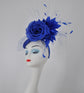 Royal Blue Sinamay Fascinator Hat: Silk Flower & Feather Kentucky Derby Headband