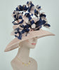Dusty Pink Sinamay Derby Hat: Navy Blue Feather Flowers