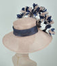 Dusty Pink Sinamay Derby Hat: Navy Blue Feather Flowers