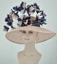 Dusty Pink Sinamay Derby Hat: Navy Blue Feather Flowers