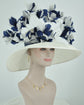Sinamay Kentucky Derby Hat: White Wide Brim with Navy Feather Flowers
