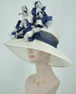 Sinamay Derby Hat: White Wide Brim with Navy Feather Flowers